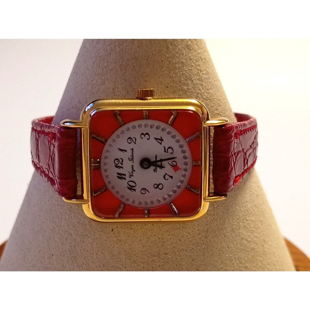 Virgin Islands De Luxe Bold Red Dial Gold-Tone Square Case Dancing Wristwatch