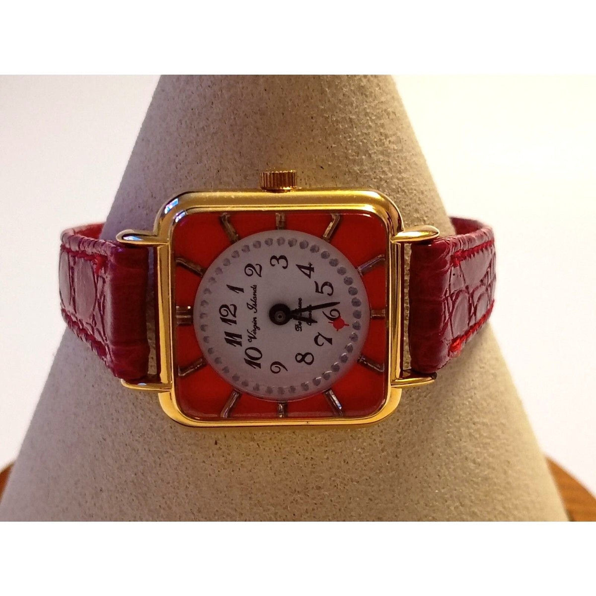 Virgin Islands De Luxe Bold Red Dial Gold-Tone Square Case Dancing Wristwatch