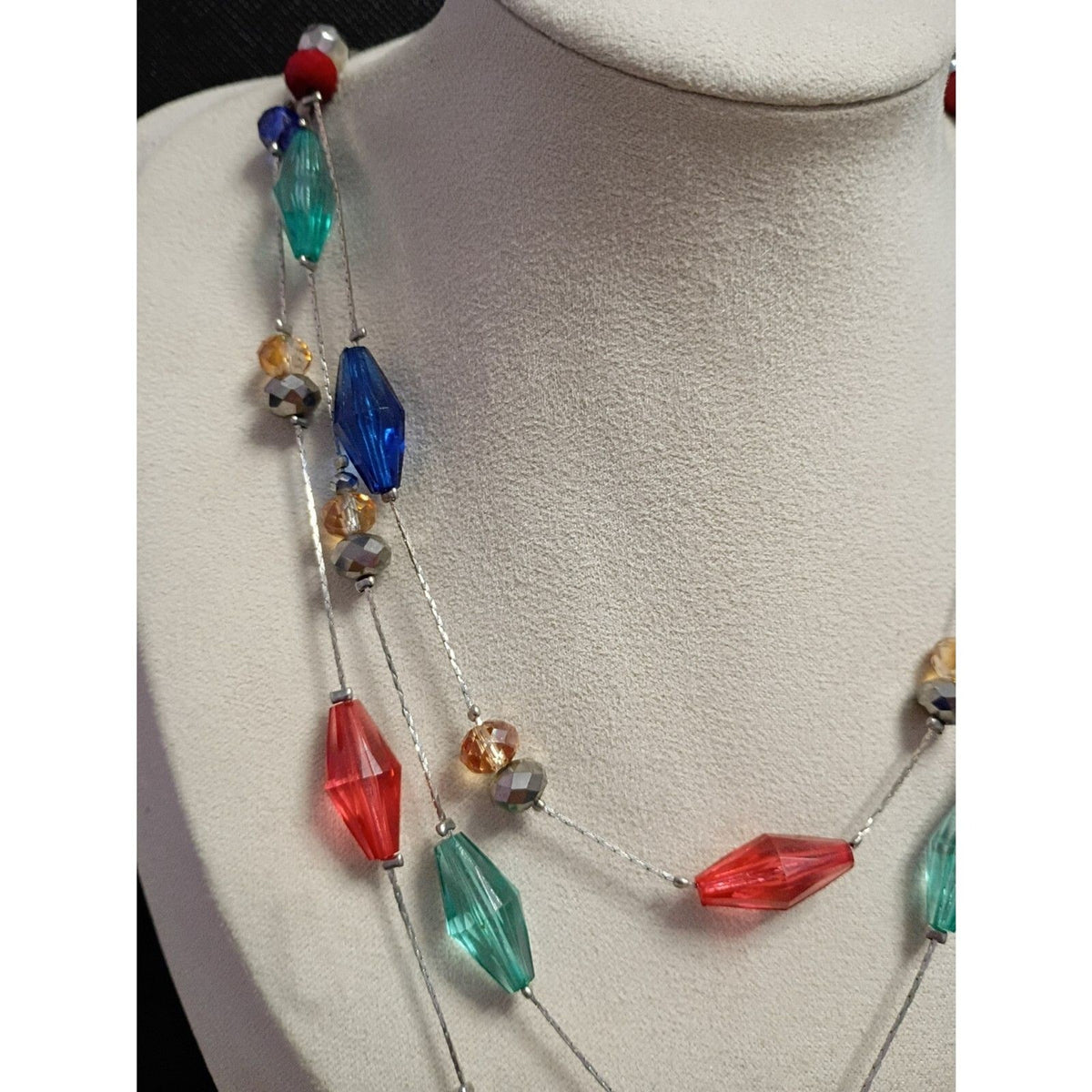 Vintage Holiday Colored Light Faceted Bead Triple Strand Chain Necklace