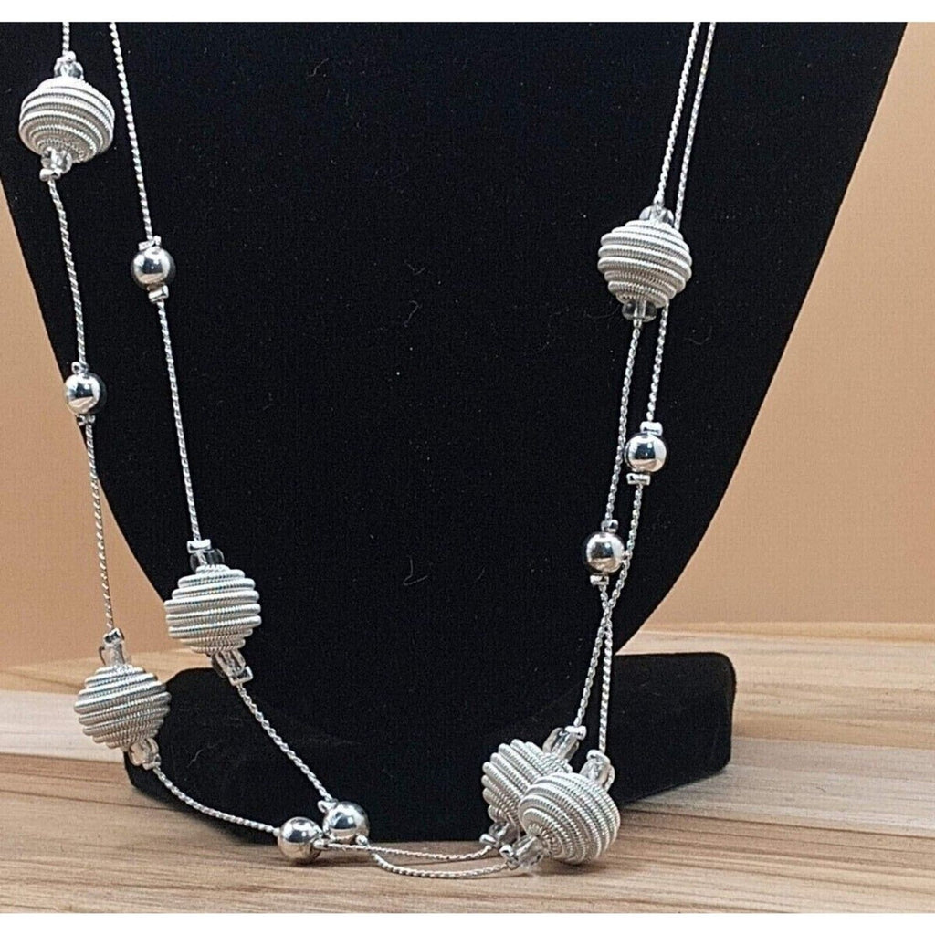 Vintage Silver-Tone Braided Bead & Knot Long Necklace