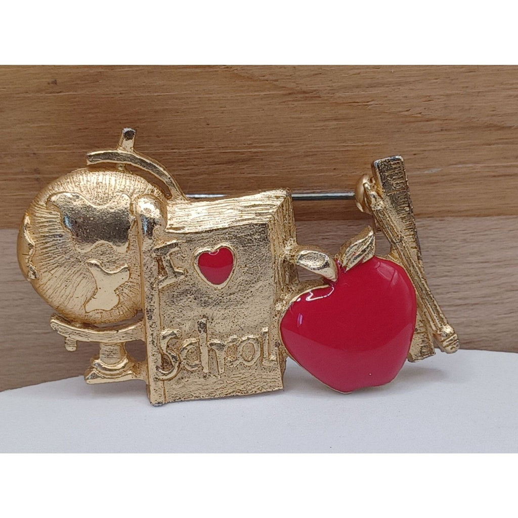 Vintage Teachers Gift Globe, Book, Enamel Apple Brooch