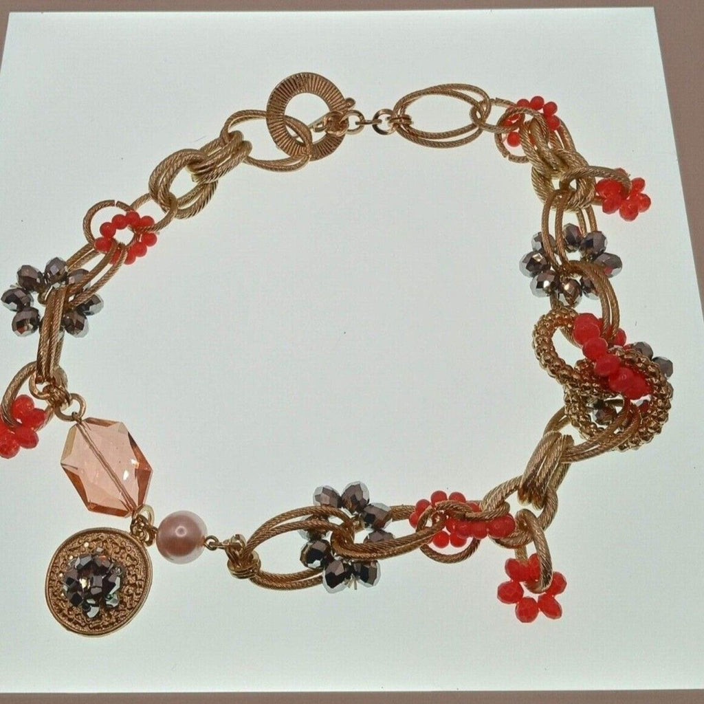 Vintage Peach & Gold-Tone Large Link Beaded Statement Necklace