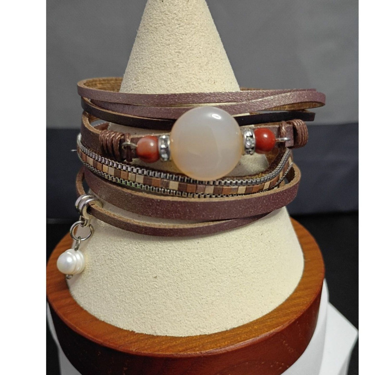 Vintage Leather Wrap Bracelet with Center Chalcedony Bead