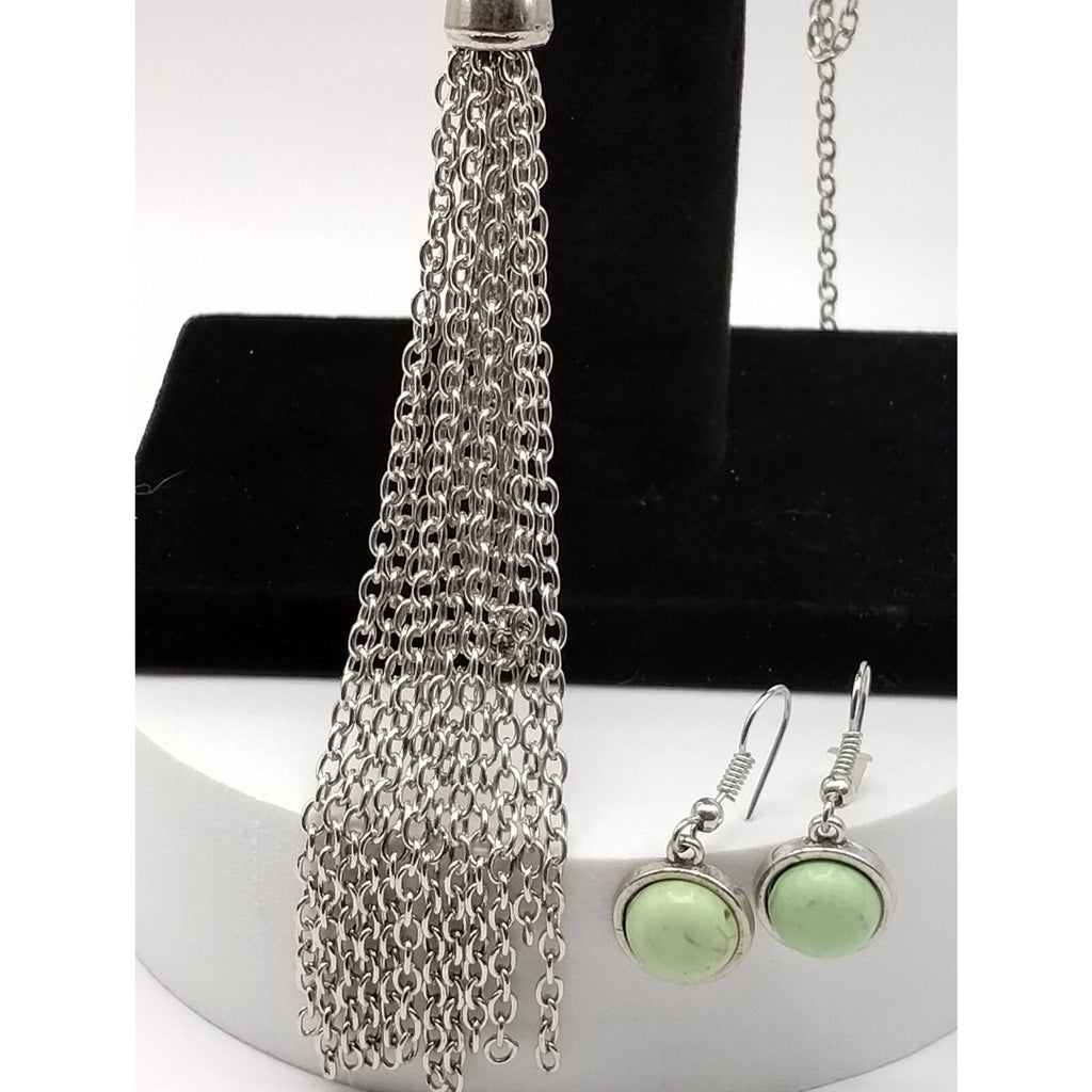 Necklace and Matching Earrings in a Mint Green Stone with Silver tone Tassel