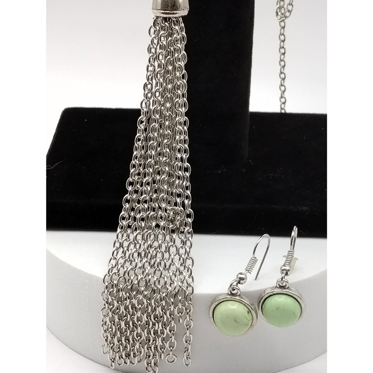 Necklace and Matching Earrings in a Mint Green Stone with Silver tone Tassel