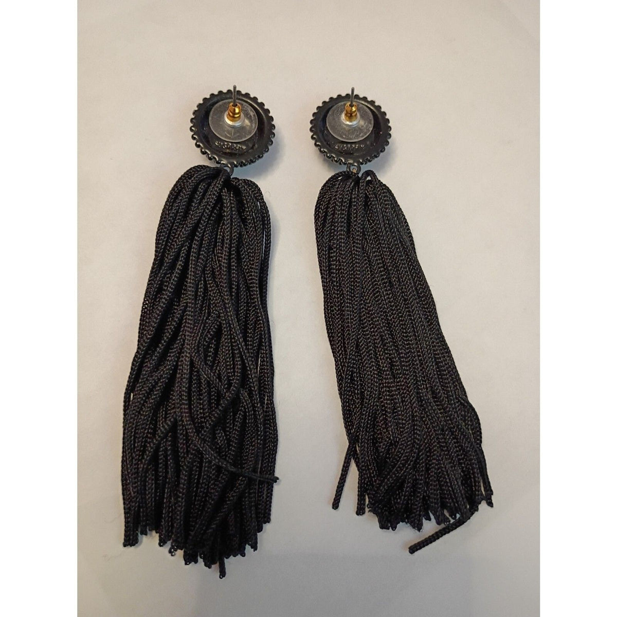 Vintage Elegant Beaded Circle Black Tassel Dangle 4" Drop Earrings