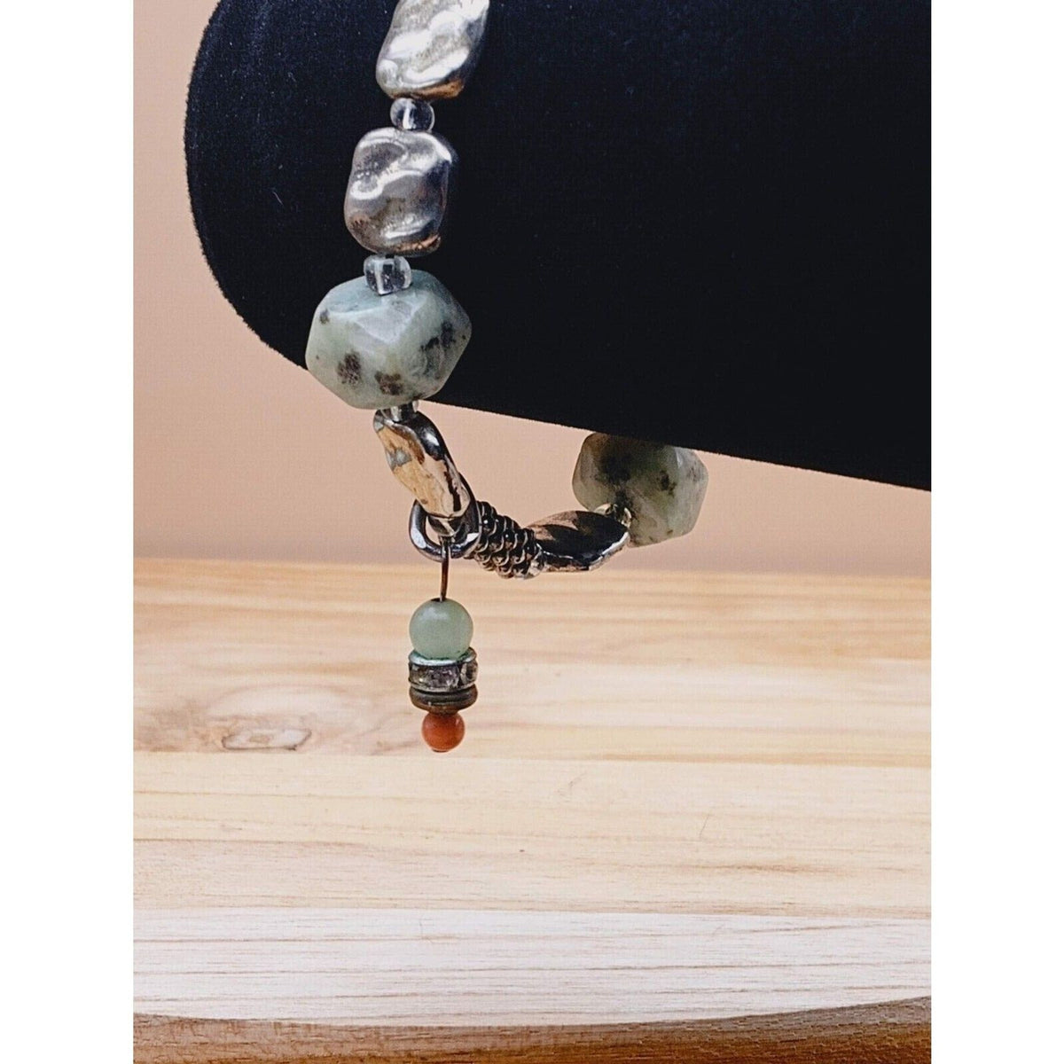 Natural Kiwi Jasper & Silvertone Charm Bracelet Dangle Charm