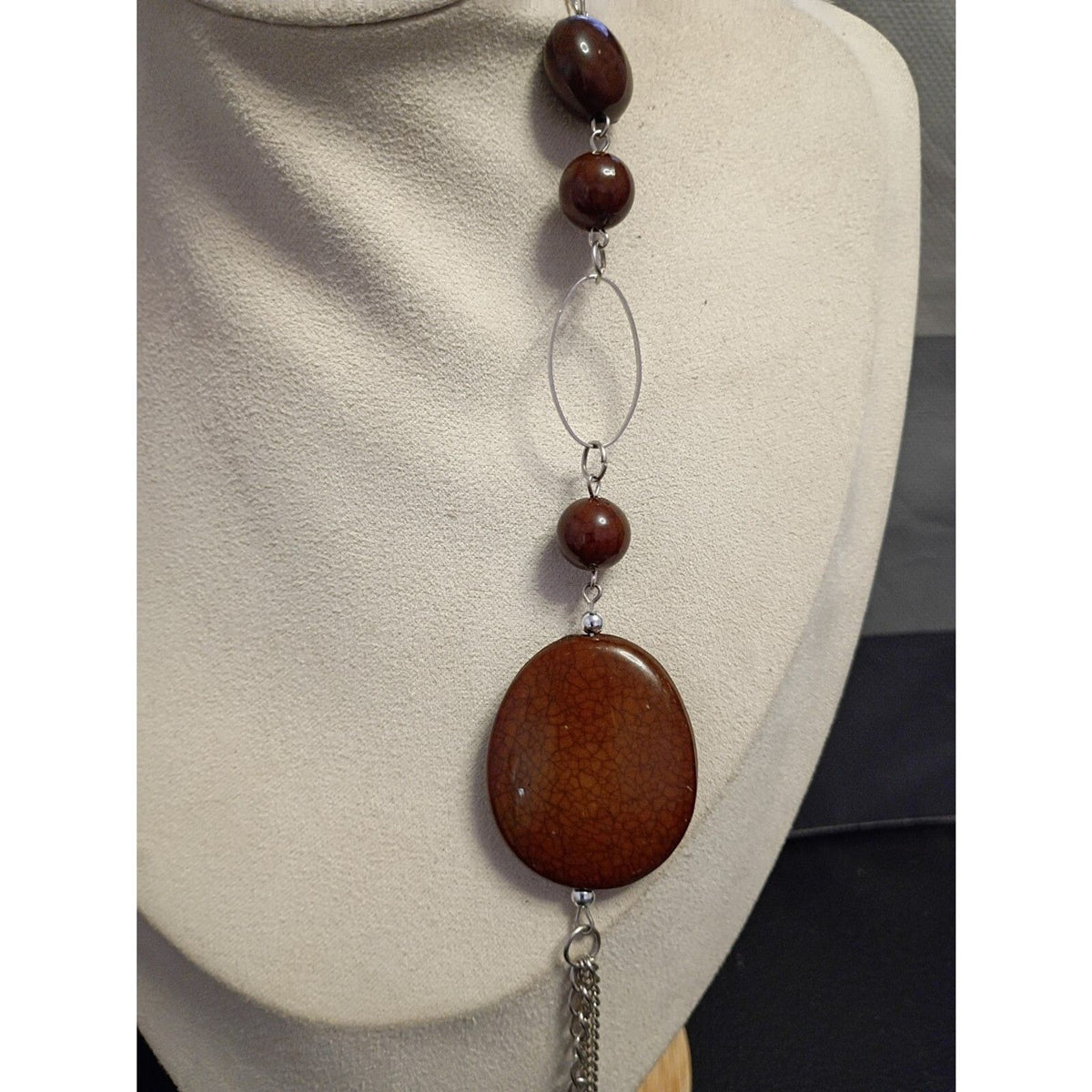 Vintage Chocolate Brown Chunky and Small Lucite Bead Silvertone Necklace