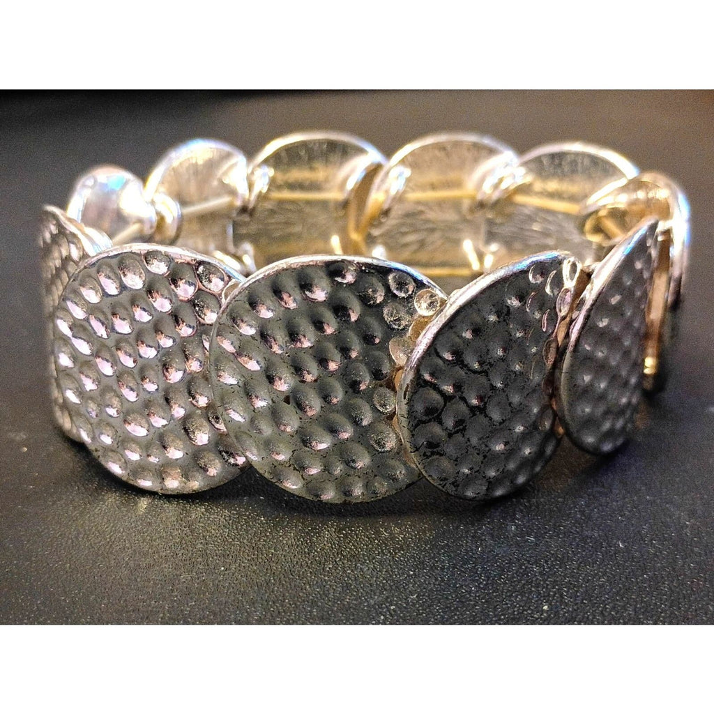 Vintage Hammered Silver-Tone Circle Link Textured Disc Stretch Bracelet