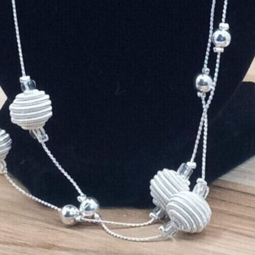 Vintage Silver-Tone Braided Bead & Knot Long Necklace