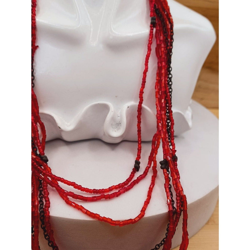 Multi Strand Layered Red Beads Bronze Color Flower Necklace