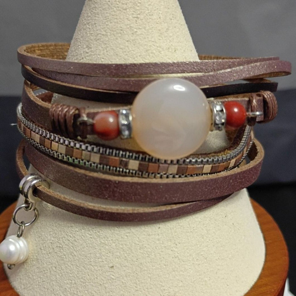 Vintage Leather Wrap Bracelet with Center Chalcedony Bead