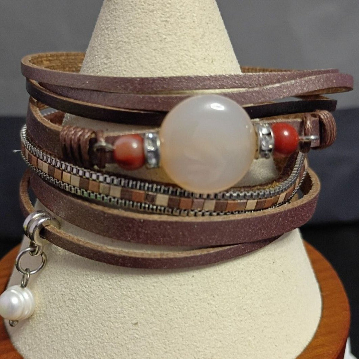 Vintage Leather Wrap Bracelet with Center Chalcedony Bead