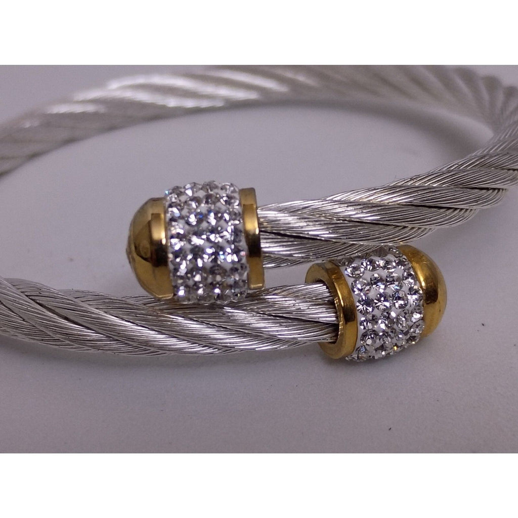 Marsala Signed Stainless Steel Cable Rope & Rhinestone Barrel Accent Cuff Bracelet