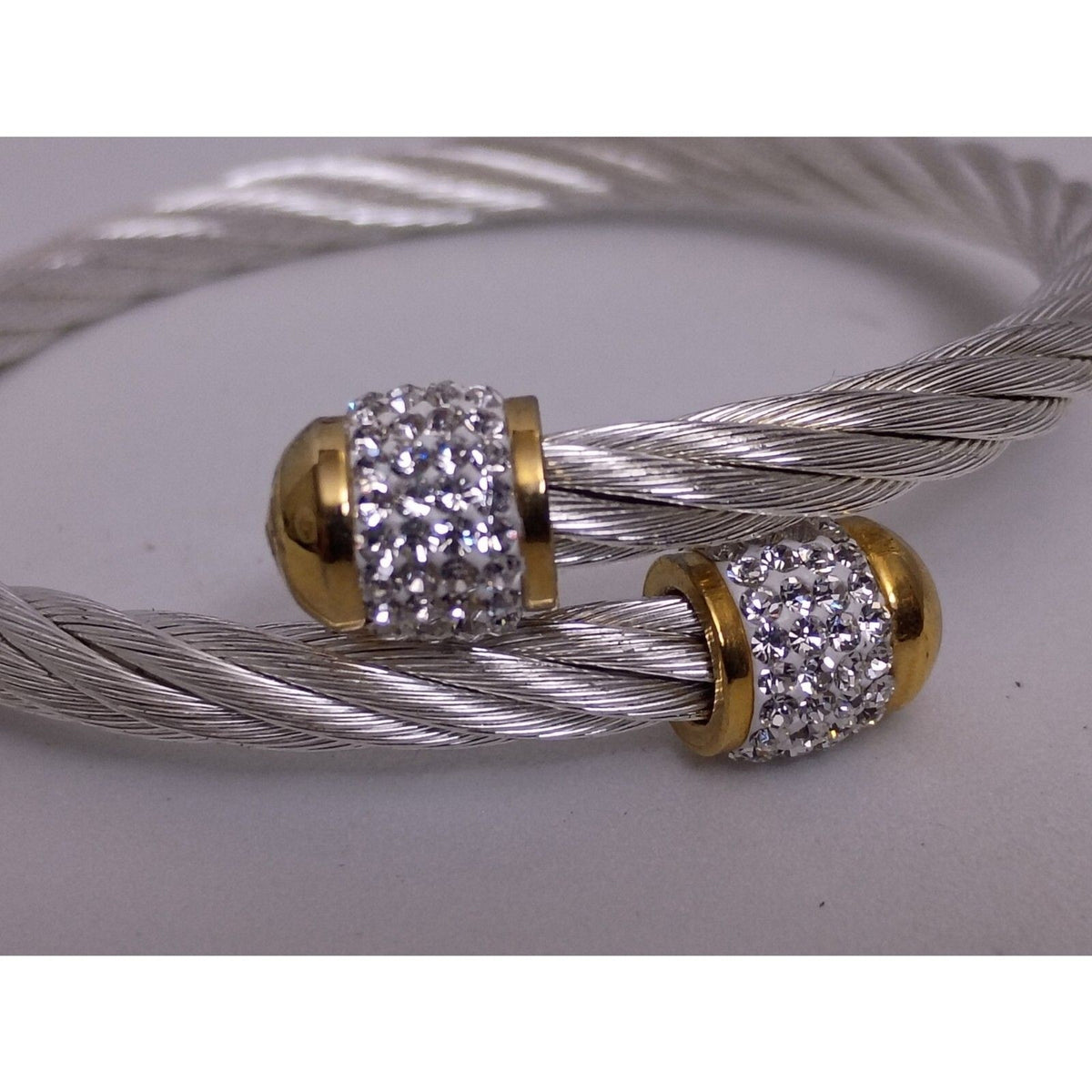 Marsala Signed Stainless Steel Cable Rope & Rhinestone Barrel Accent Cuff Bracelet
