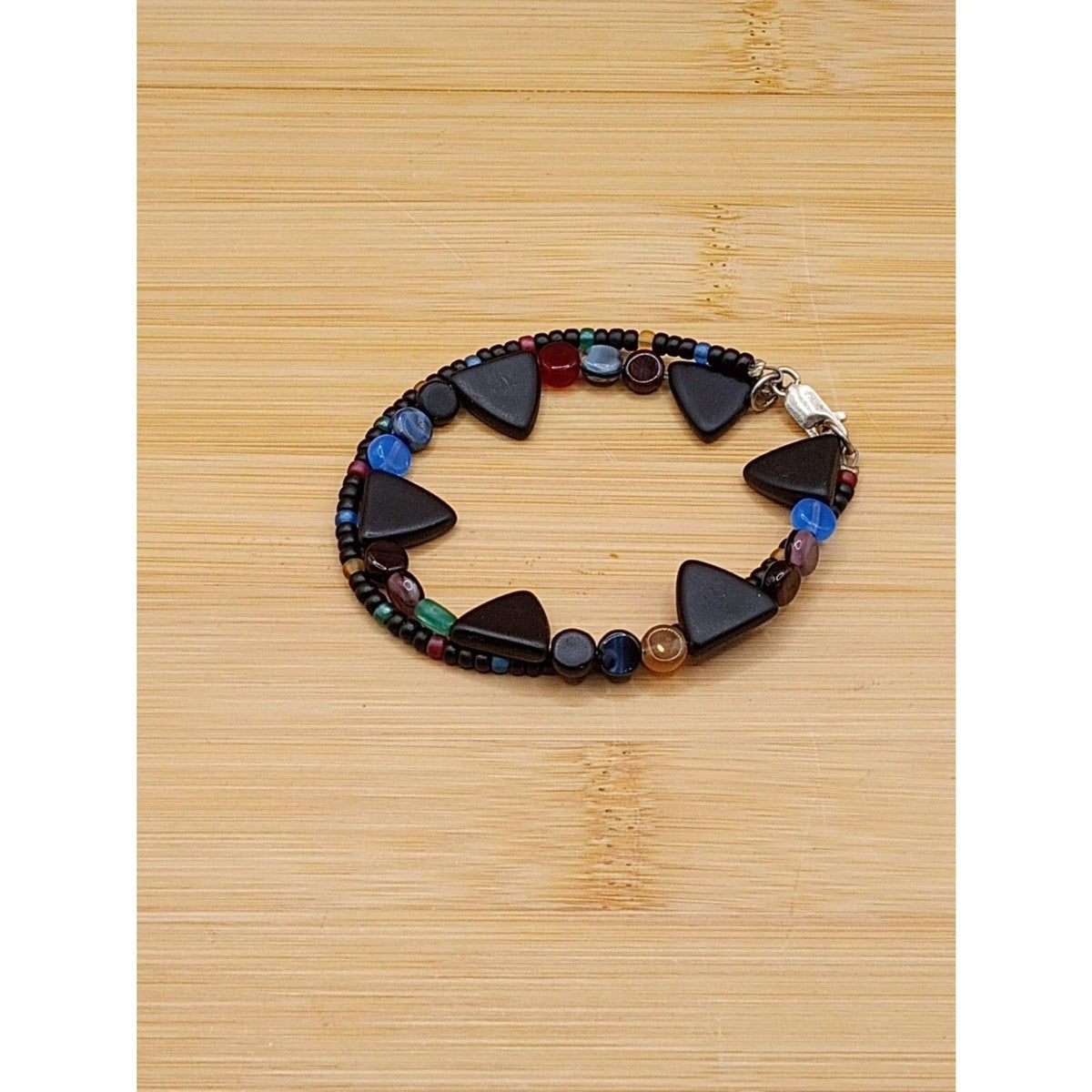 Vintage Double Strand Glass Beaded Bracelet Triangle, Disc, and Seed Bead Black and Multicolor