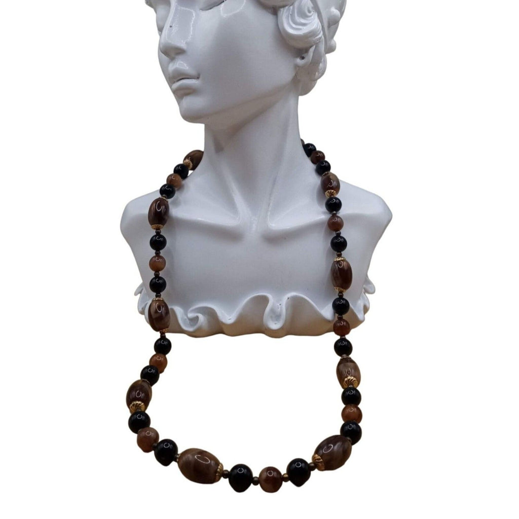 Vintage Root Beer Brown & Black Lucite Beaded Necklace with Gold-Tone Accent Stations