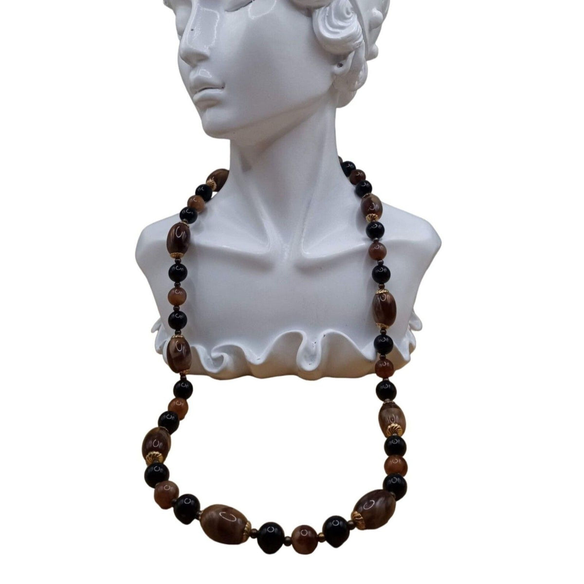 Vintage Root Beer Brown & Black Lucite Beaded Necklace with Gold-Tone Accent Stations
