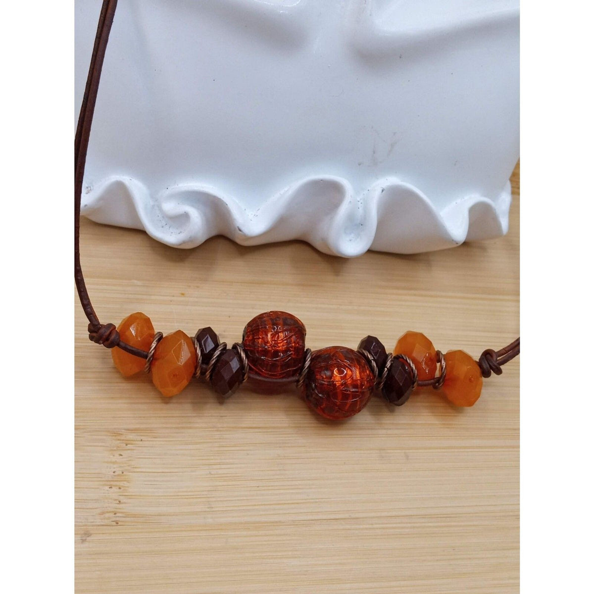 Vintage Autumn Tones Textured Glass & Lucite Bead Boho Necklace