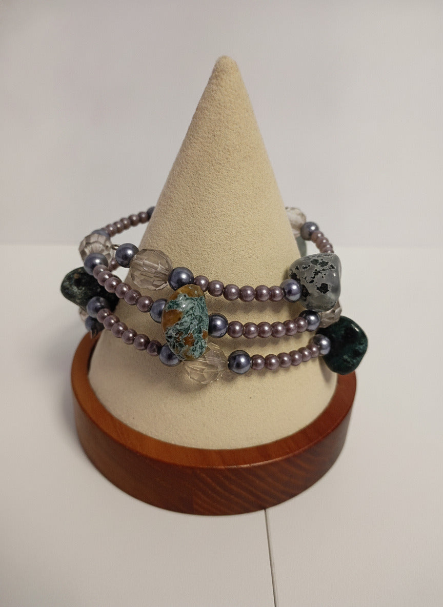 Vintage Multi-Strand Seed Beaded Bracelet with Purple Beads and Natural Stone