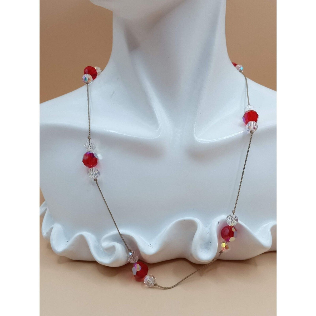 60s Iridescent Red, Clear Octagonal Cut Crystal Bead Necklace .925 Silver Clasp