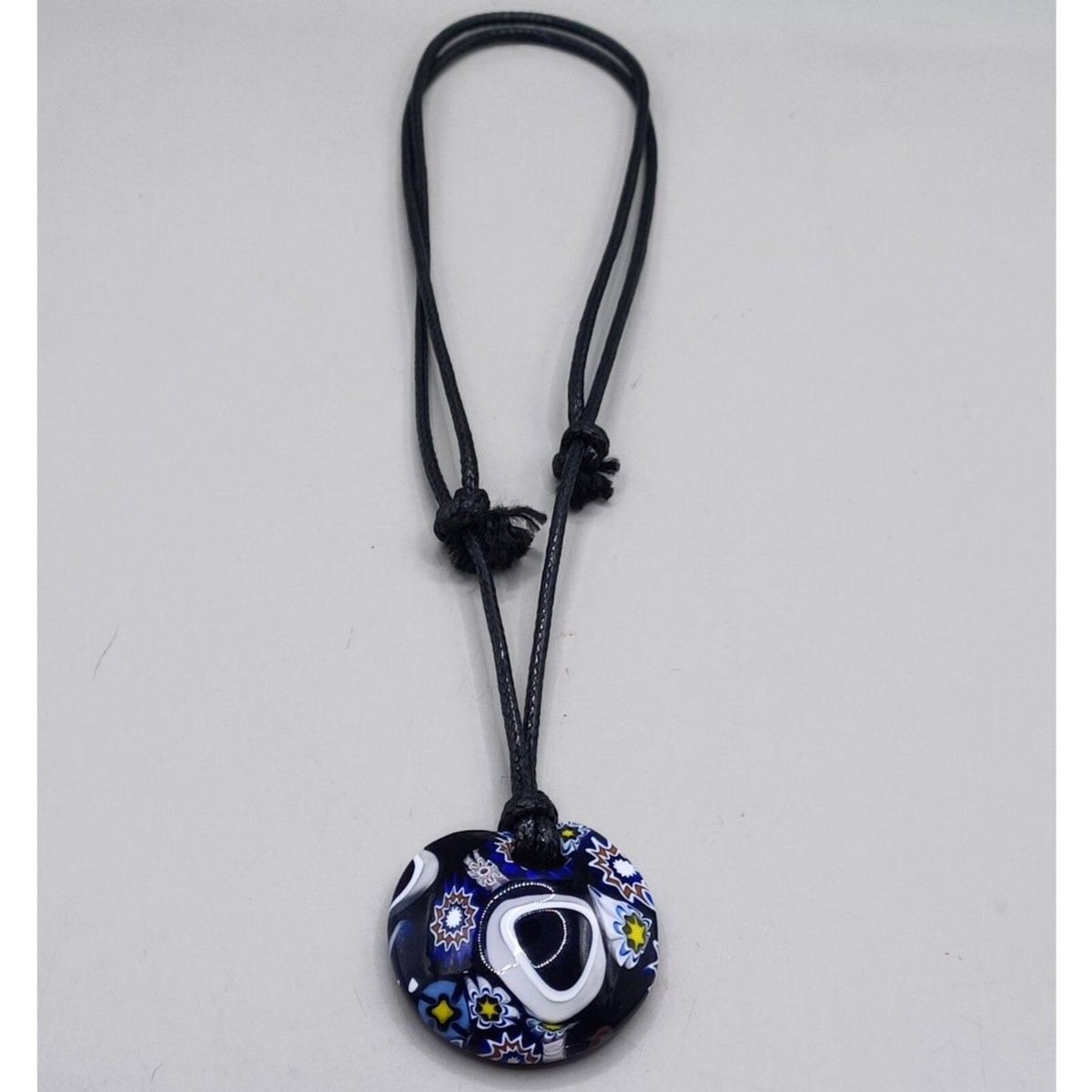 Vintage Murano Pretty Round Pendant Necklace, Navy Blue, Lavender Millefiori