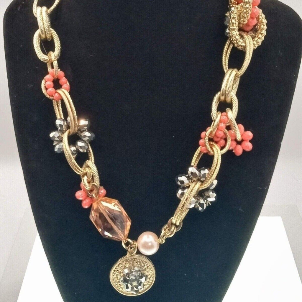 Vintage Peach & Gold-Tone Large Link Beaded Statement Necklace