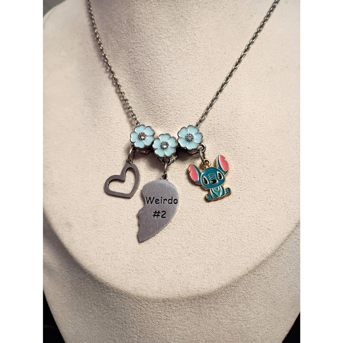 Vintage Silver-Toned Blue Flower and Heart Charm Necklace
