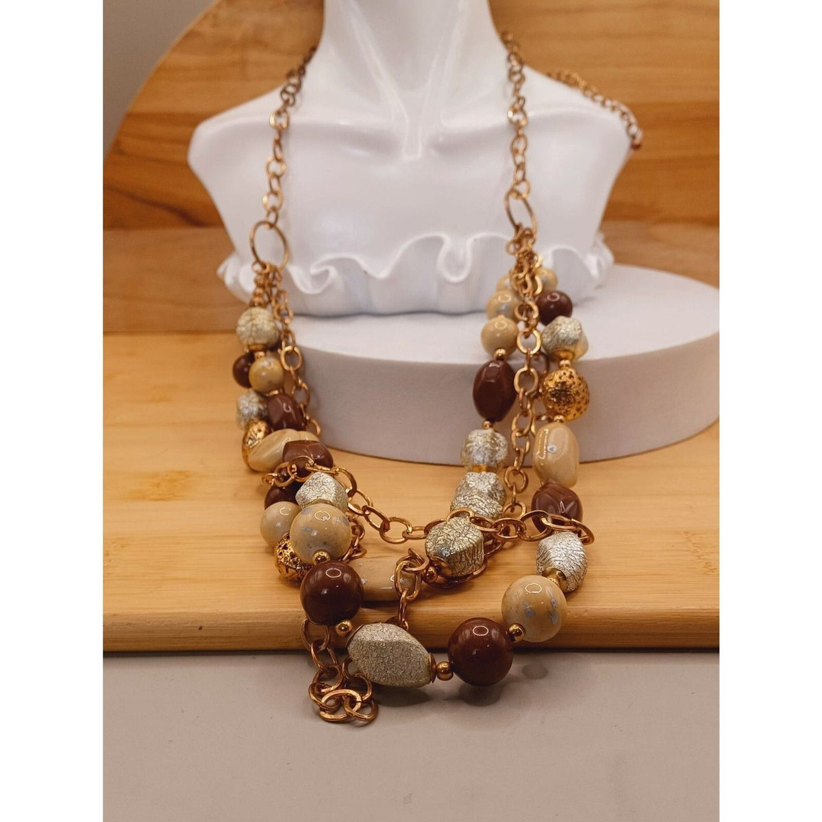 Vintage Multistrand Earthtones Beads on 40" Large Brass Link