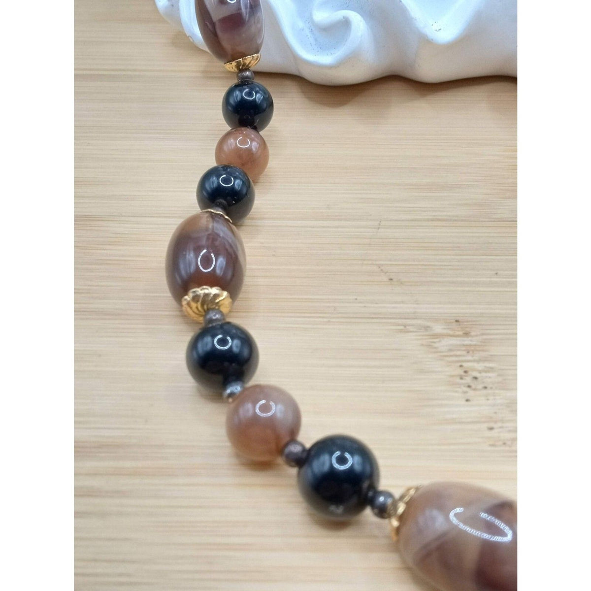 Vintage Root Beer Brown & Black Lucite Beaded Necklace with Gold-Tone Accent Stations