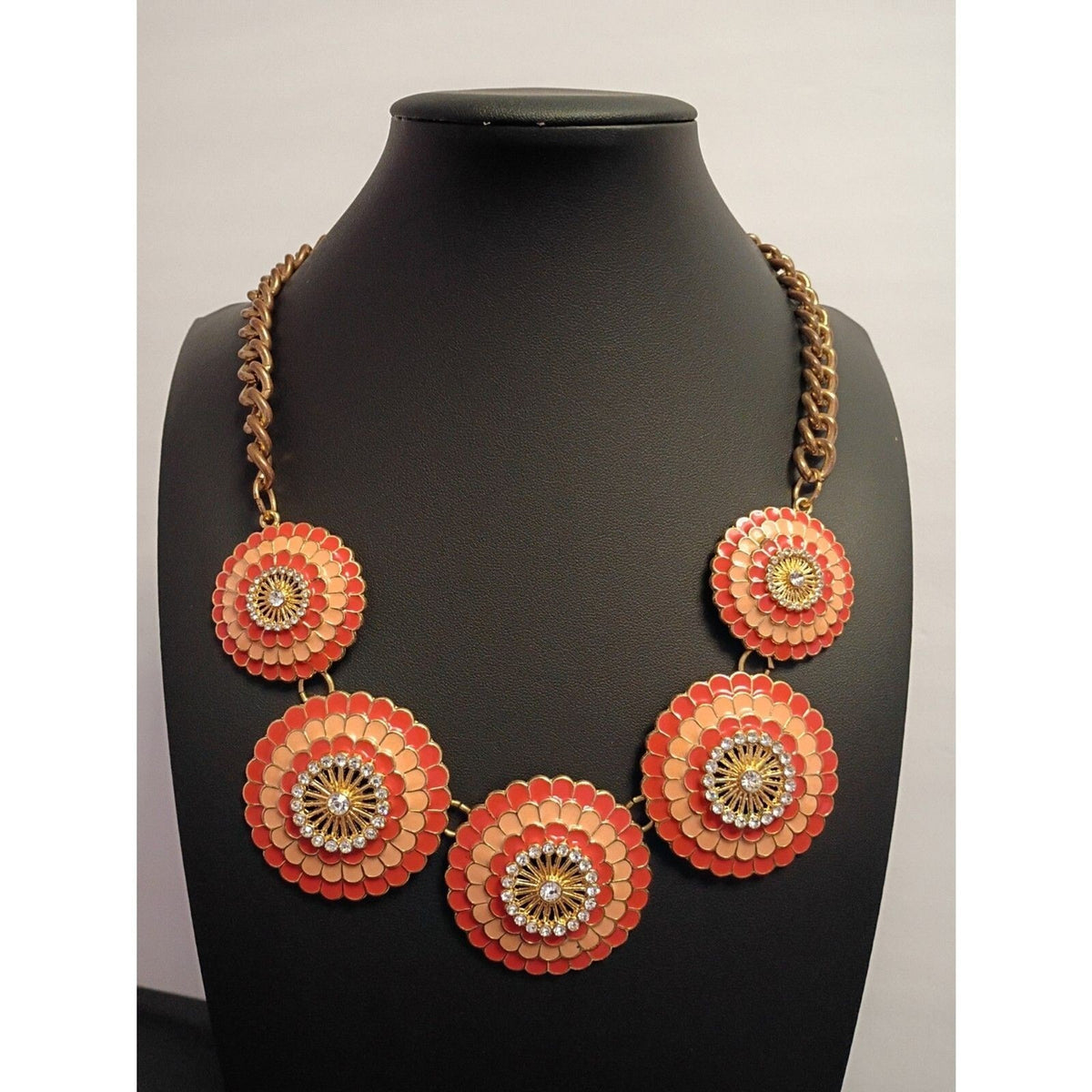 Vintage Orange Enamel Medallion Bib Necklace Gold Tone Boho