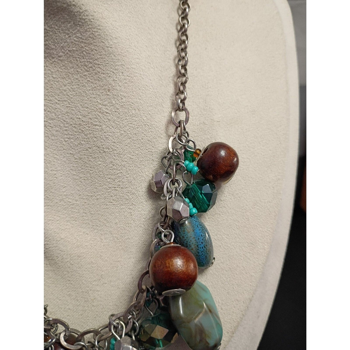 Vintage Statement Necklace Multi Media with Wood, Stones, Glass, Metal and Resin