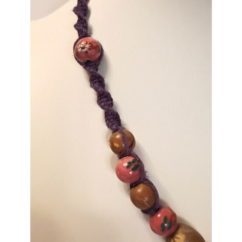 Necklace of Pink Floral beads Rustic Wooden bead Purple Cord