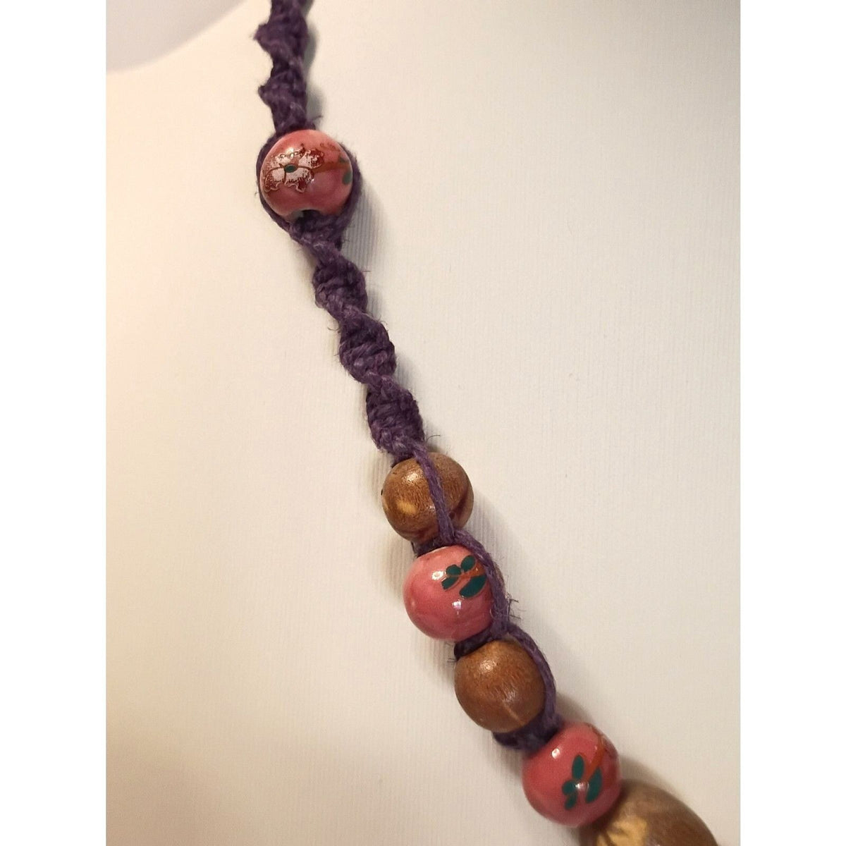 Necklace of Pink Floral beads Rustic Wooden bead Purple Cord