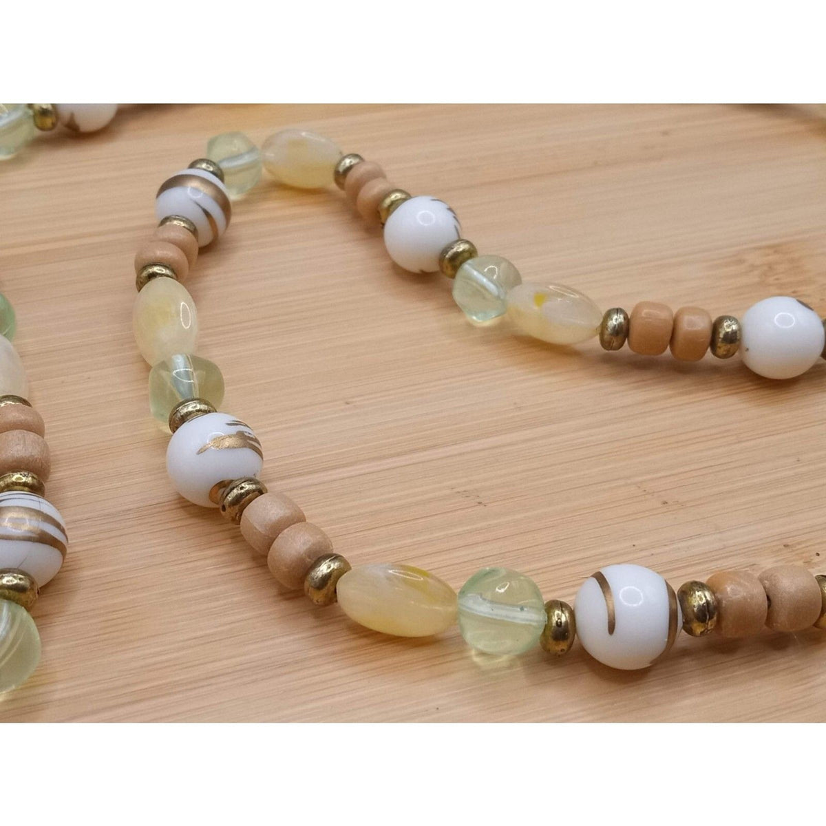 Vintage Muted Pastel Lucite & Wood Heishi Beaded Long Strand Necklace