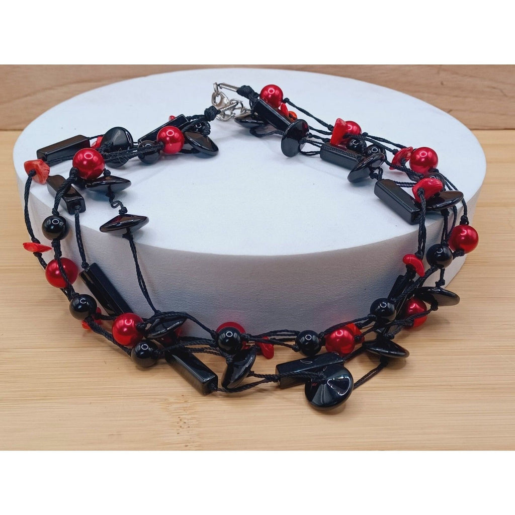 Vintage Red and Black Geometric Shaped Glass Bead 5 Strand Layered Necklace