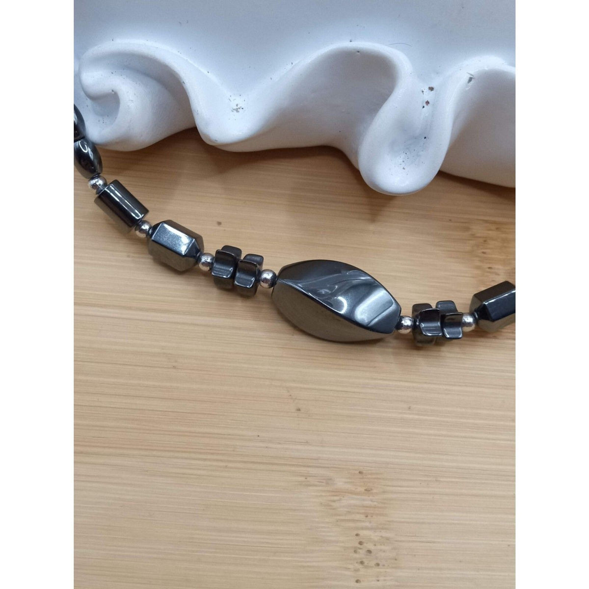 Vintage Geometric Hematite Natural Beaded Necklace Oval Barrel Star