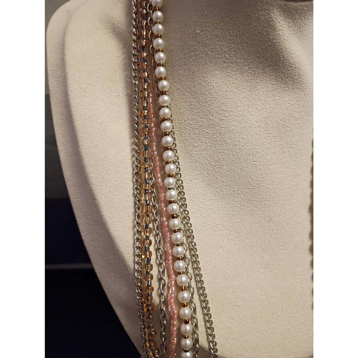 Vintage Mixed Media Multi Strand Necklace Embellished with Beads and Faux Pearls