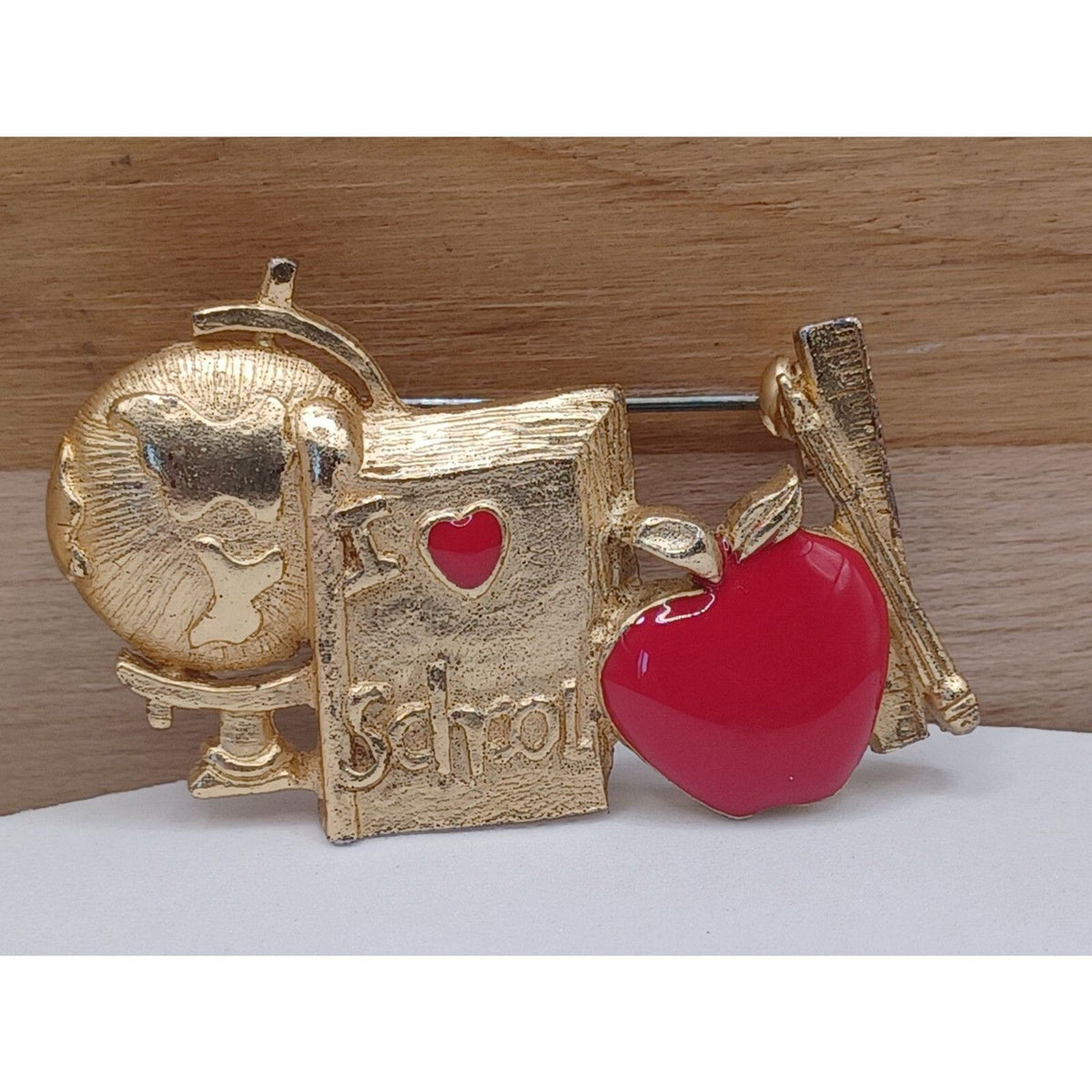 Vintage Teachers Gift Globe, Book, Enamel Apple Brooch