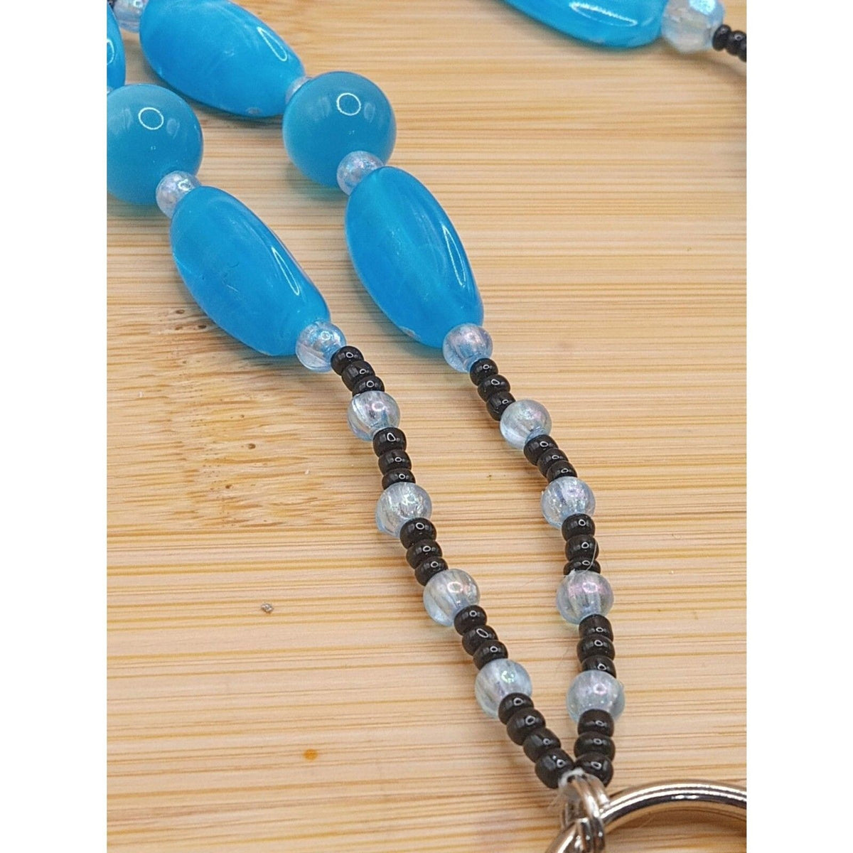 VTG Ice Blue Lucite Funky Beaded Lanyard Black Seed Beads