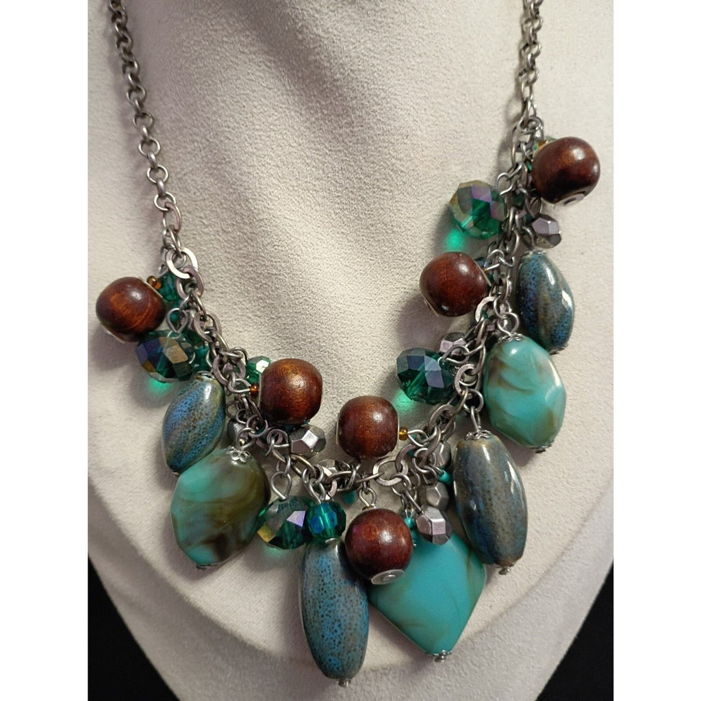 Vintage Statement Necklace Multi Media with Wood, Stones, Glass, Metal and Resin