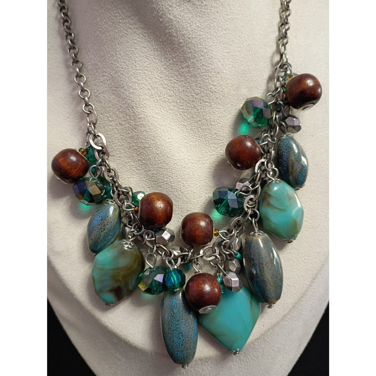 Vintage Statement Necklace Multi Media with Wood, Stones, Glass, Metal and Resin