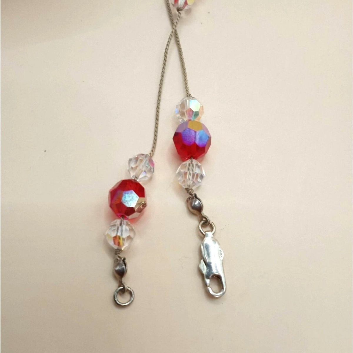 60s Iridescent Red, Clear Octagonal Cut Crystal Bead Necklace .925 Silver Clasp