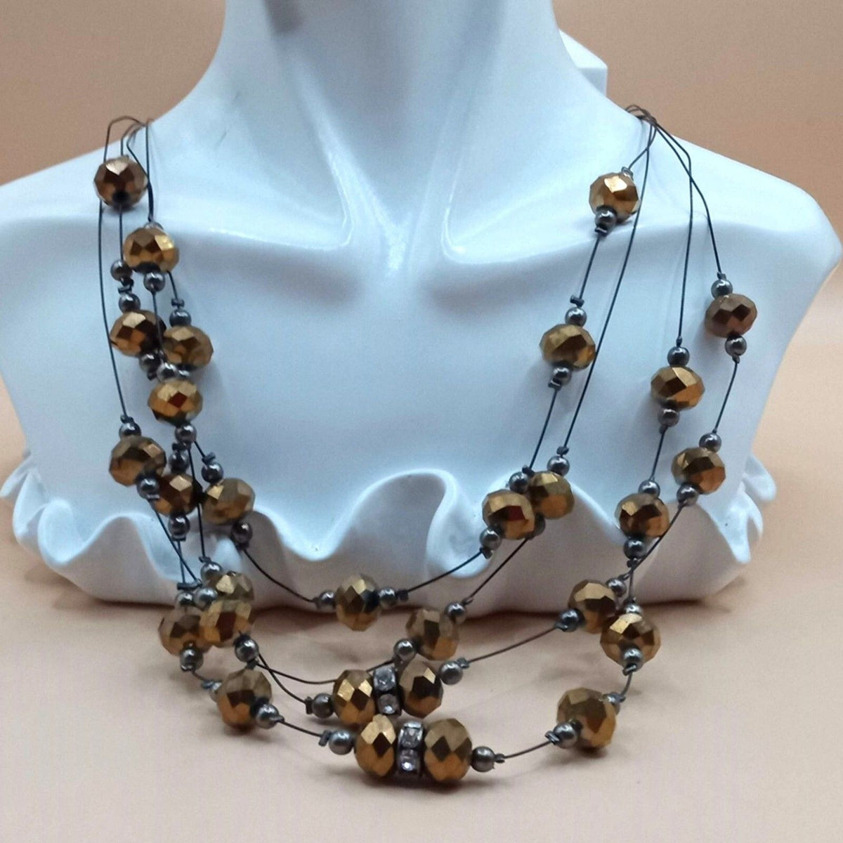 Vintage Hexagonal Cut Glass Beaded Quad Stranded Necklace in Bronze Tones