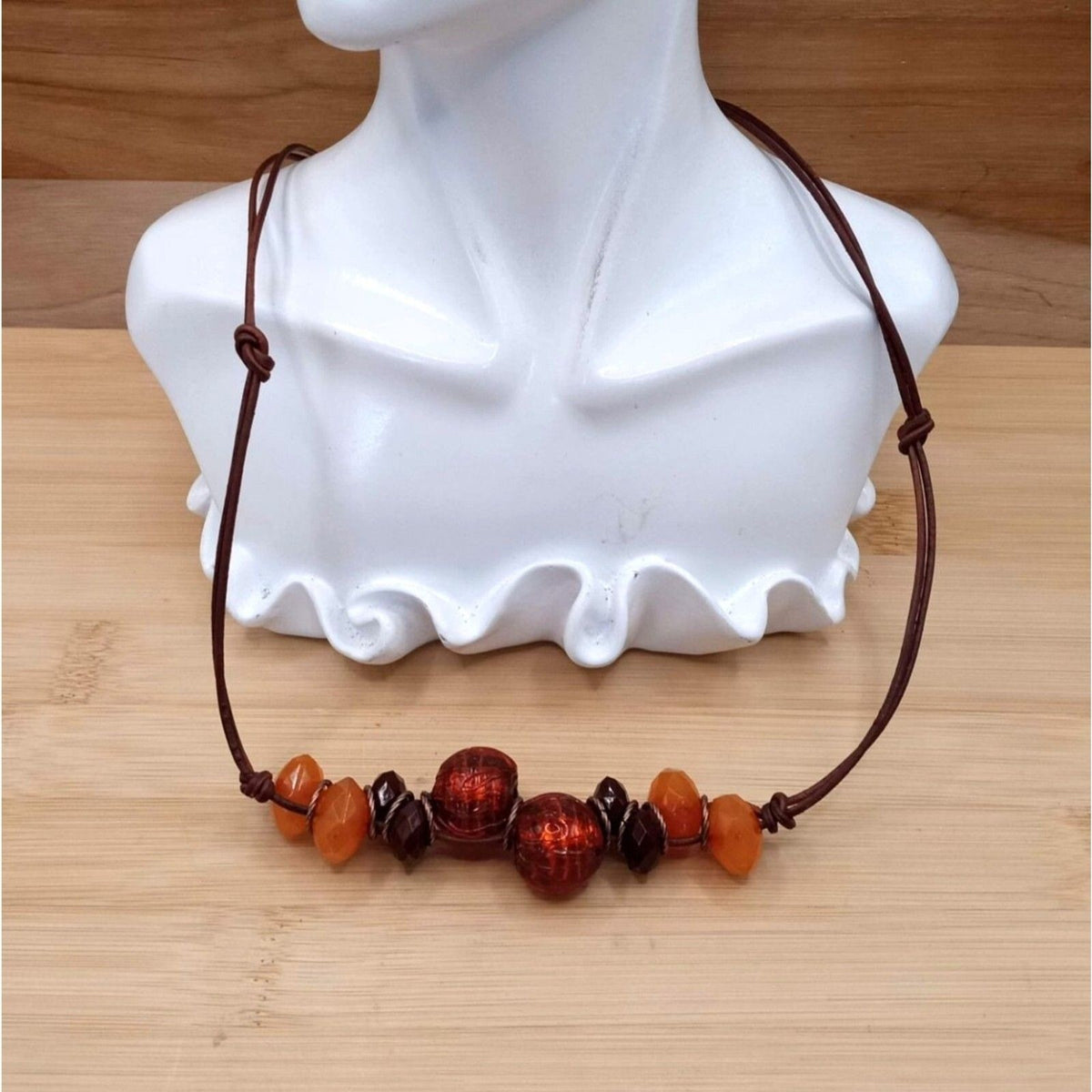 Vintage Autumn Tones Textured Glass & Lucite Bead Boho Necklace