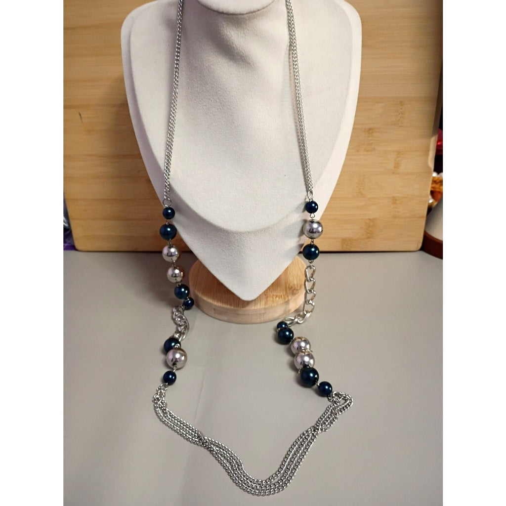 Vintage Rope Chain Necklace Deep Blue Turquoise & Silver Tone Beads