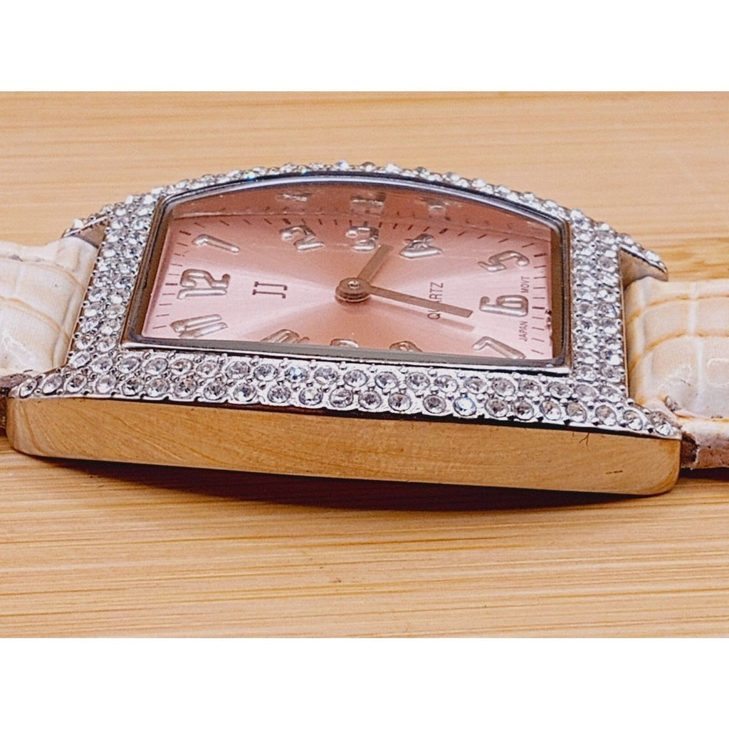 Women's JJ Square Rhinestone Quartz *Working* Watch w Pink Face and Cream Straps