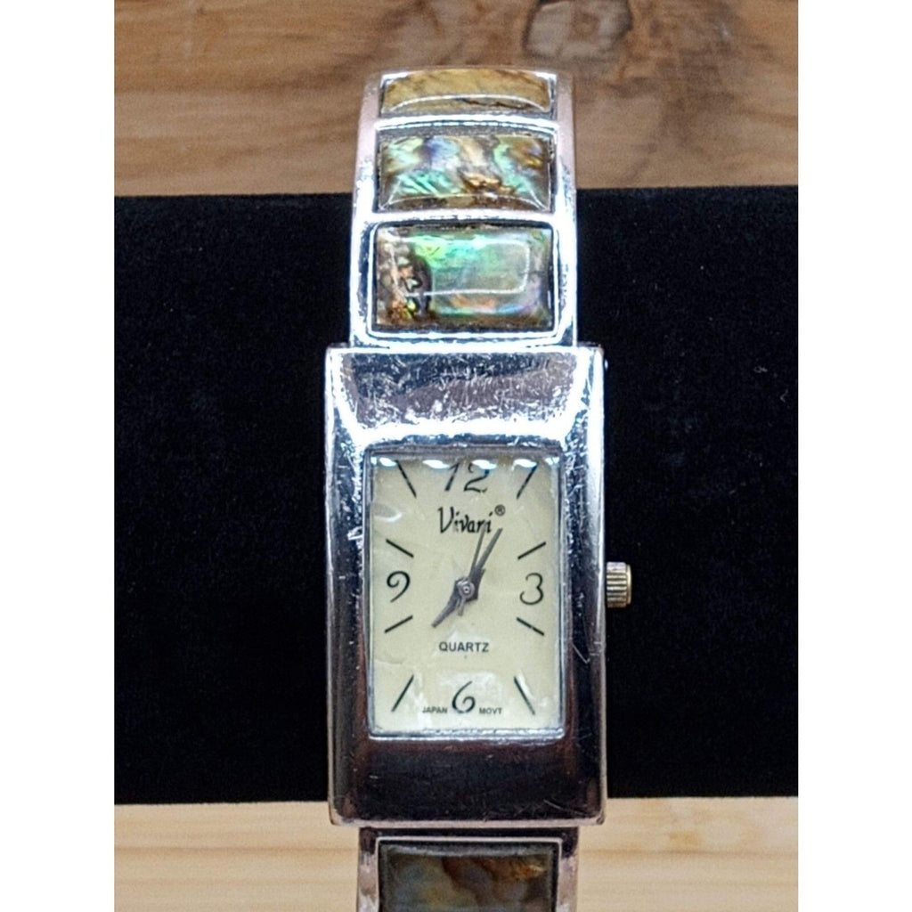 1980s Accutime K977 Vivani Abalone Inset Vintage Cuff Bracelet Watch