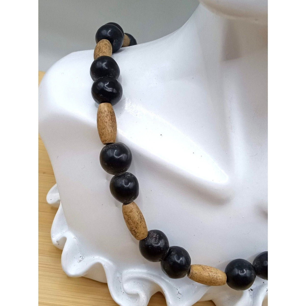 Vintage Organic Natural Sandalwood Round & Barrel Beaded Necklace