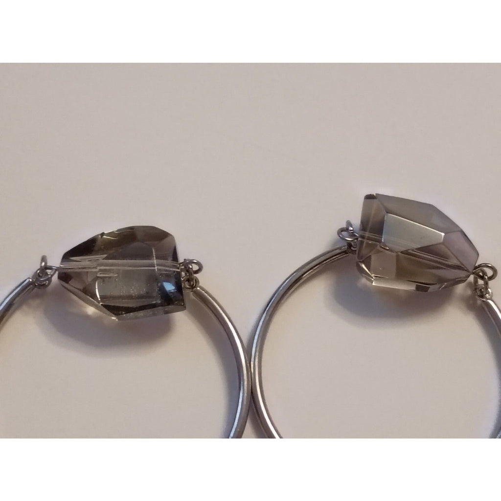 Vintage Classic Large Smoky Crystal Silver Toned Swing Hoop Earrings